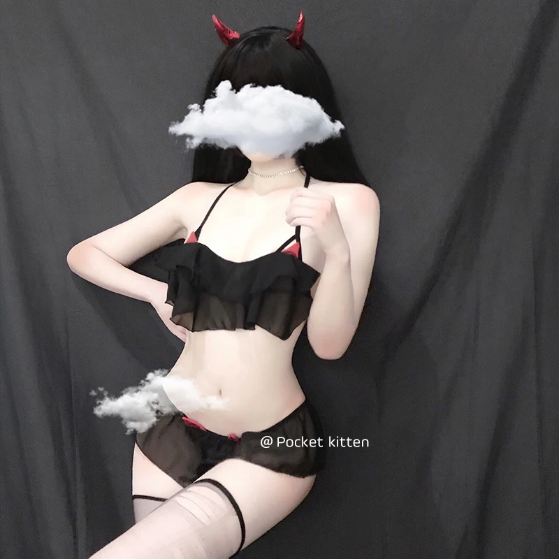 Seksualus Kostiumai Kawaii nėrinių Viršų Nustatyti Moterų Velnias Angelas Mielas Anime Cosplay Fancy Dress Erotinio Trikotažo Su Pantie Bikini komplektas