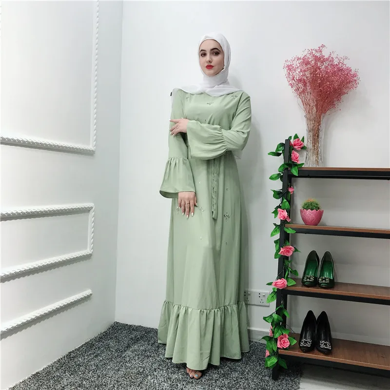 Naujas dizainas gryna spalva rankų darbo deimantų Musulmonų moterų mados suknelės