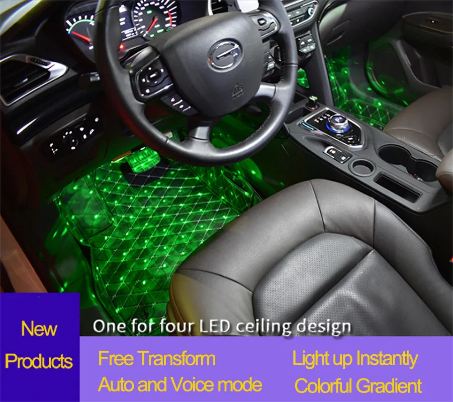 4 PcsMini Automobilių Vidaus Apdaila, LED Žibintai, USB Automobilių DJ Disco šviesos Efektai 7 Spalvų Valdymas Balsu Star Lazerinius Projektorius, Šviesos