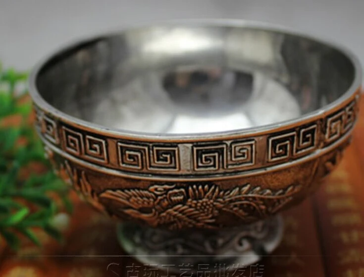 Kinijos antikvariniai bronzos kolekcija antikvariniai raižyti drakonai curl sidabro dubenį, labai gera būklė