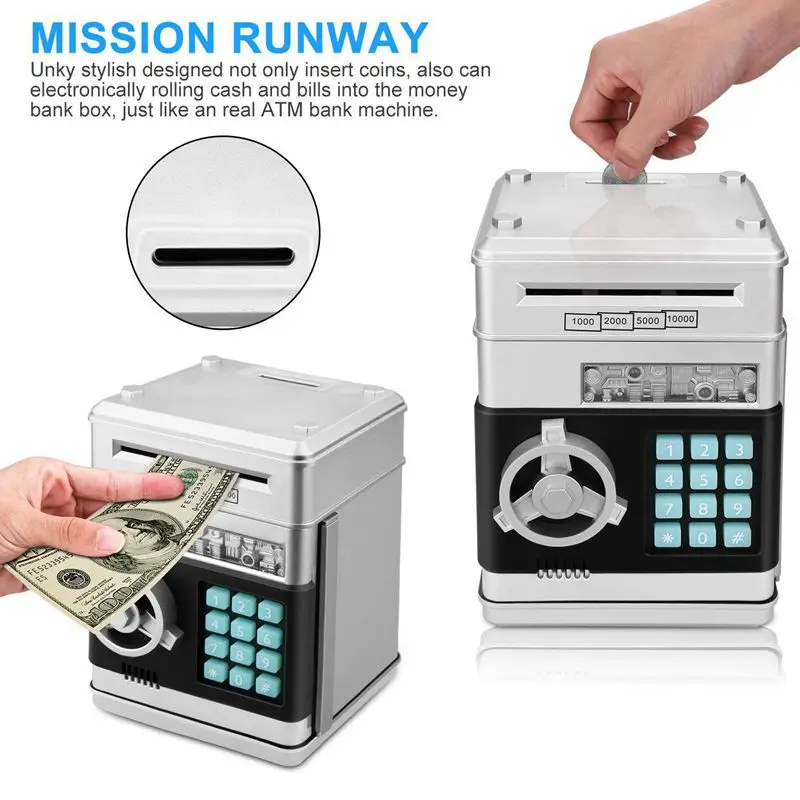Animacinių filmų Elektroninių ATM Slaptažodį Piggy Bank Pinigų Monetos Gali Automatiškai Slinkties Popierinių Pinigų Taupymo Dėžutė Dovana Vaikams (sidabrinis+juoda)