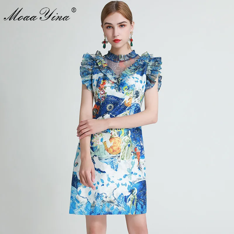 MoaaYina Mados Dizaineris suknelė Vasaros Moterų Suknelė Raukiniai Abstrakčių Gėlių Spausdinti Brangioji Suknelės