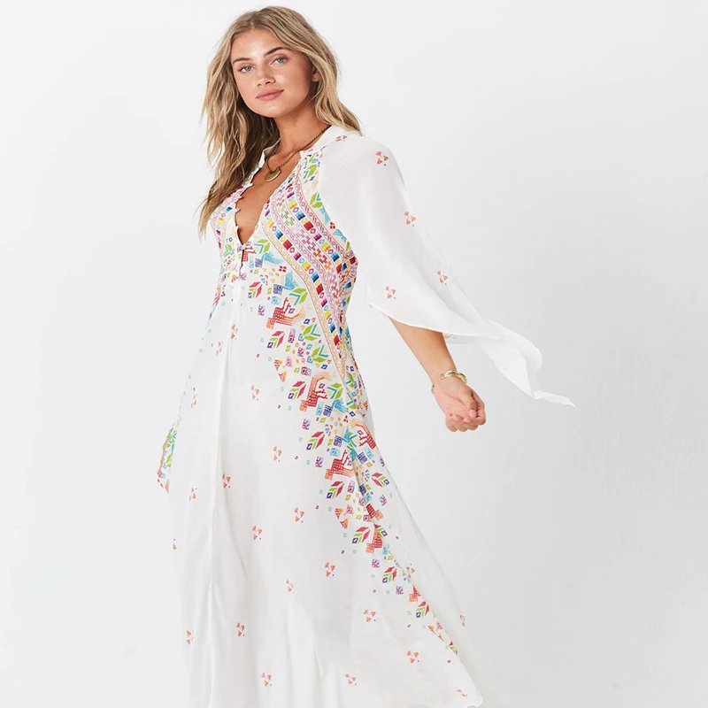 KIYUMI Boho Maxi Suknelė Moterų V-kaklo Gėlių Spausdinti Kimono Etninės Blyksnius Rankovėmis Beach Suknelė Preto Atsitiktinis Mygtuką Vestido Vasaros Suknelė
