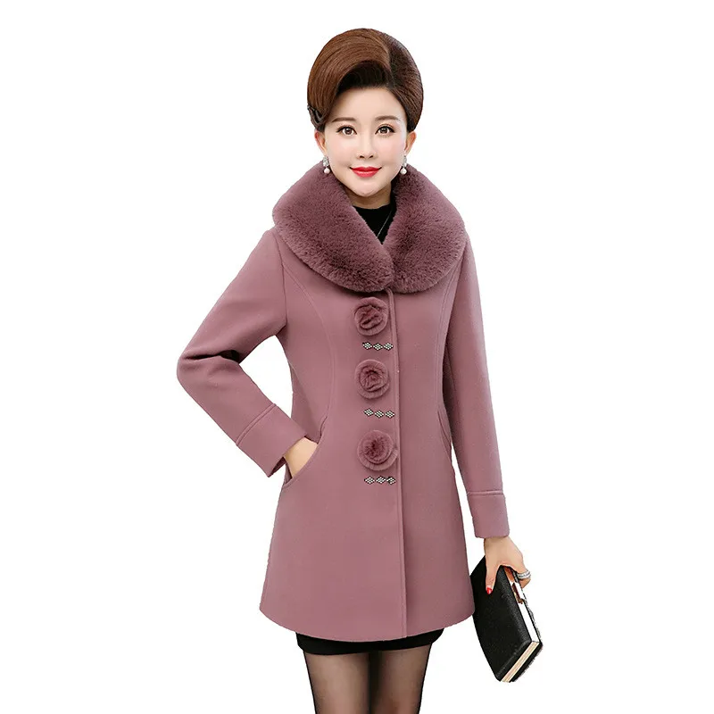 Plus size vilnoniai paltai moterims rudens žiemos pridėti medvilnės šilta striukė didelis Kailių apykaklės viršutiniai drabužiai vidutinio amžiaus moterų vilnos paltai A3090