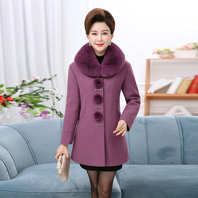Plus size vilnoniai paltai moterims rudens žiemos pridėti medvilnės šilta striukė didelis Kailių apykaklės viršutiniai drabužiai vidutinio amžiaus moterų vilnos paltai A3090
