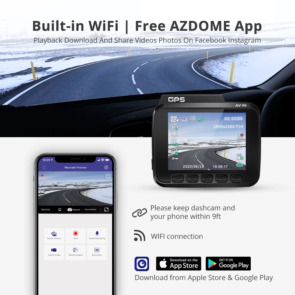 AZDOME GS63H 4K 2160P Brūkšnys Cam integruota WiFi GPS Automobilio prietaisų Skydelyje Diktofonas, 2.4
