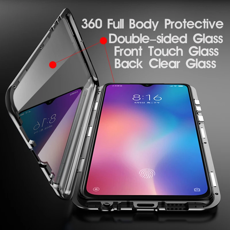 Dvipusis Magnetinės Metalo Atveju Redmi 9 Pastaba 9S 8 8A 8T 7 Pro K20 Xiaomi 10 9T 9SE 9Lite CC9 CC9E A3 Note10Lite Stiklo danga
