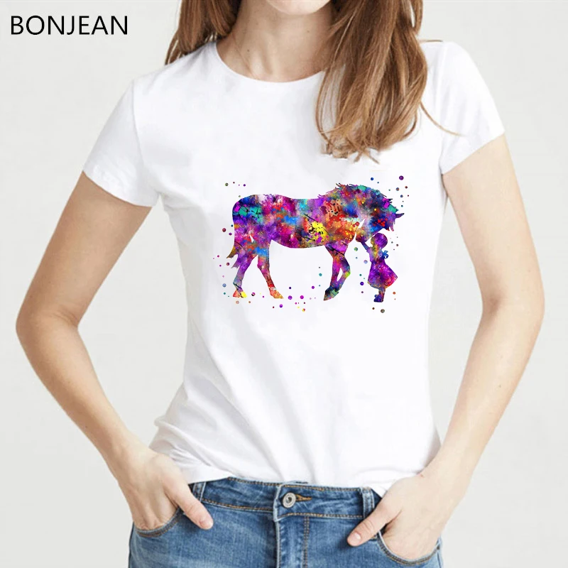 Juokingi marškinėliai moterims drabužių 2019 akvarelė Maža mergaitė ir arklių spausdinti marškinėliai, femme kawaii white t-shirt moterų streetwear
