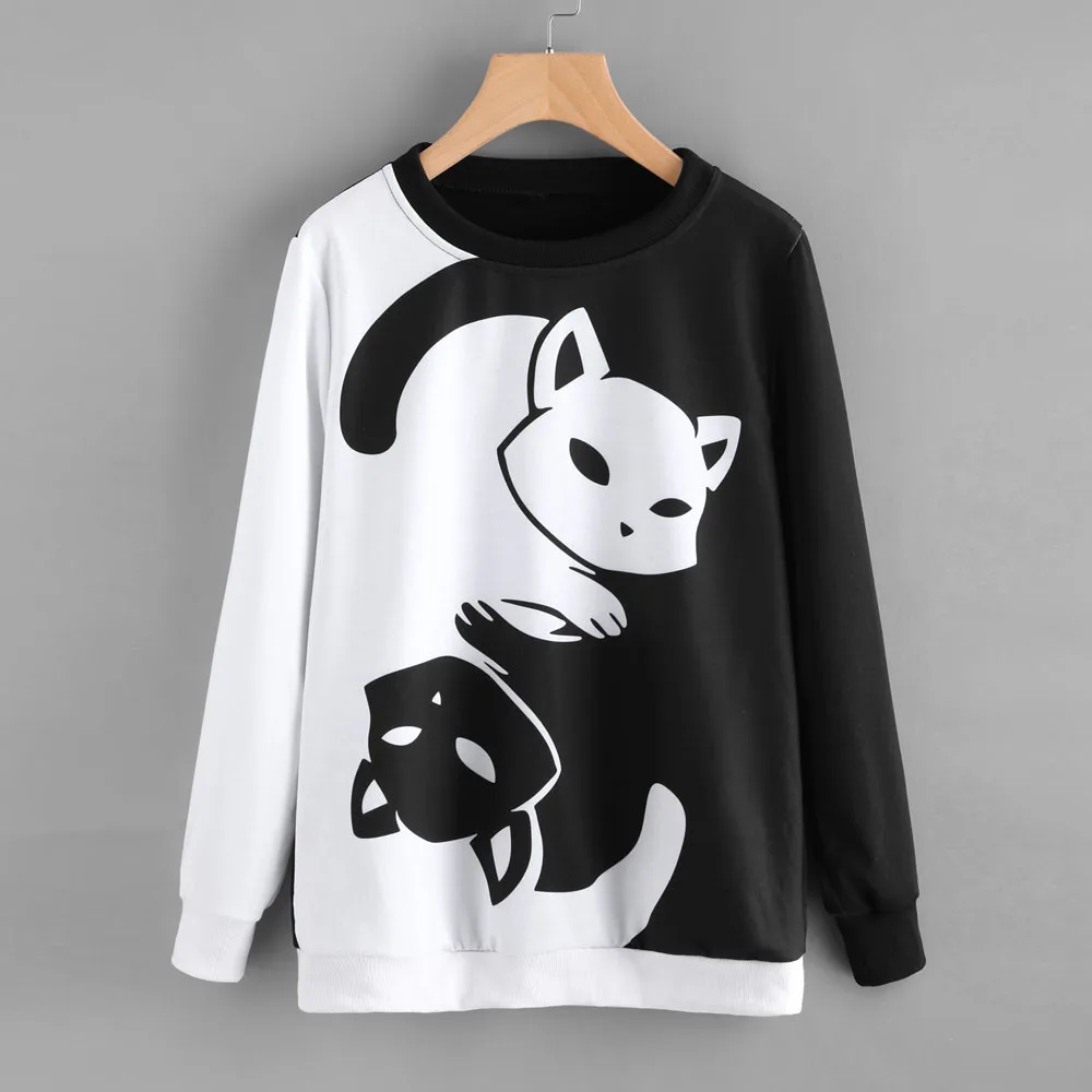 Pora juodos ir baltos yin ir yang katė sweatshir ilgomis rankovėmis megztinis spausdinti palaidinukė minkšti, patogūs, sportiniai, laisvi viršūnės
