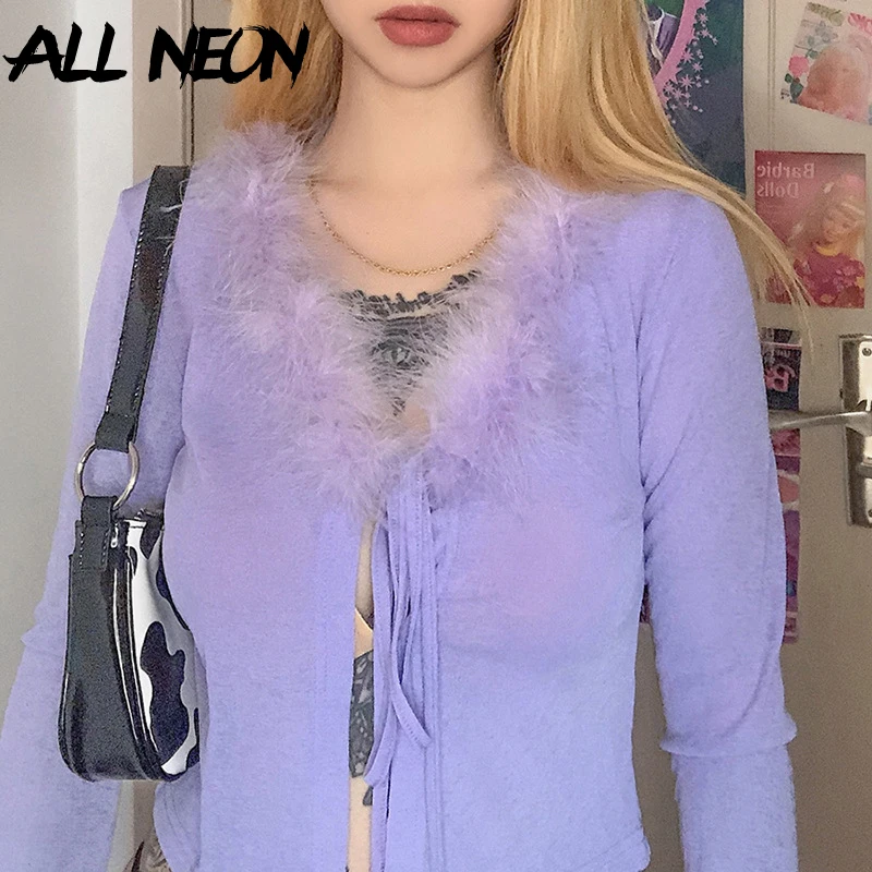 ALLNeon E-girl 90s Streetwear Plunksnų Kaklo Tvarstis Rankovių Violetinė Viršūnes Saldus Derliaus Kietas Nėrinių marškinėliai Šalies Aprangą Rudenį