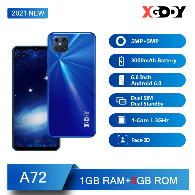 XGODY A72 3G Išmanųjį telefoną 1GB 8GB Android mobiliųjų telefonų 6.6 colių Atrakinti Telefoną Face ID 5MP Kamera, Dual SIM su GPS WiFi 3000mAh Naujas