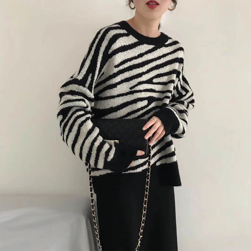 Syiwidii Negabaritinių Džemperis Moterims Harajuku Prarasti Puloveriai Ponios Minkštas Dryžuotas Zebras Batwing Rankovėmis Chic Korėjos Viršūnes 2020 M. Rudenį