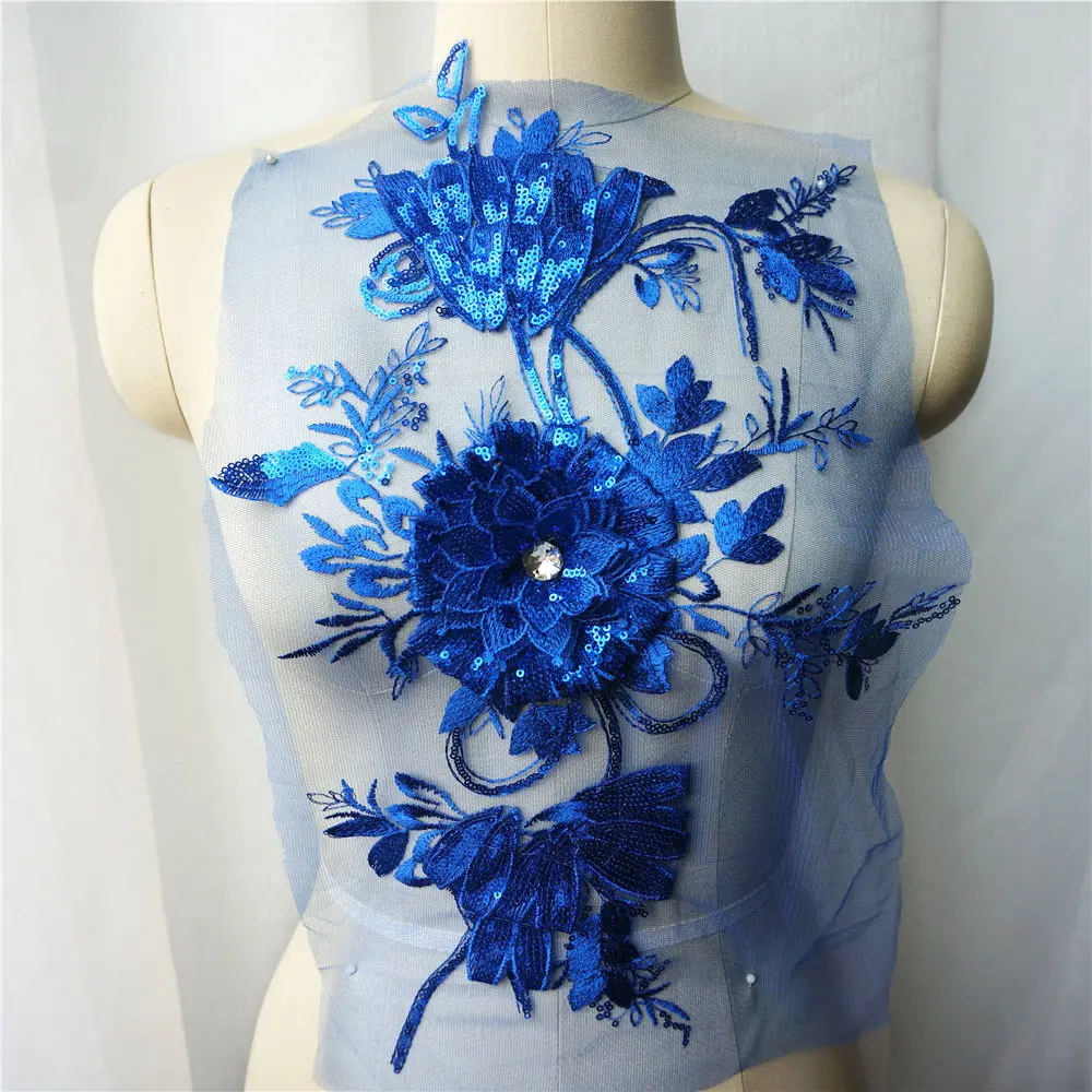 Mėlyna China 3D Gėlių Lapus, Nėrinių Audinys, kalnų krištolas Išsiuvinėti Vestuvių Suknelė Appliques Siūti Pleistras Suknelė 