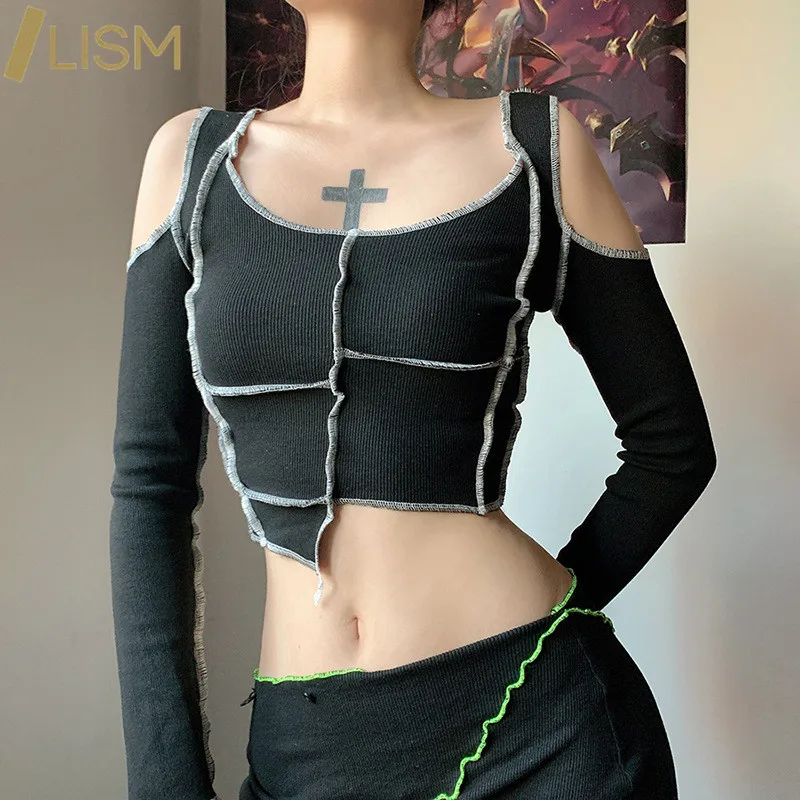 LISM Tuščiaviduriai Iš O-Kaklo Harajuku Marškinėliai ilgomis Rankovėmis Pavasario Vasaros Viršūnes Moterų 2021 Mados Dryžuotas Gothic Punk Drabužiai