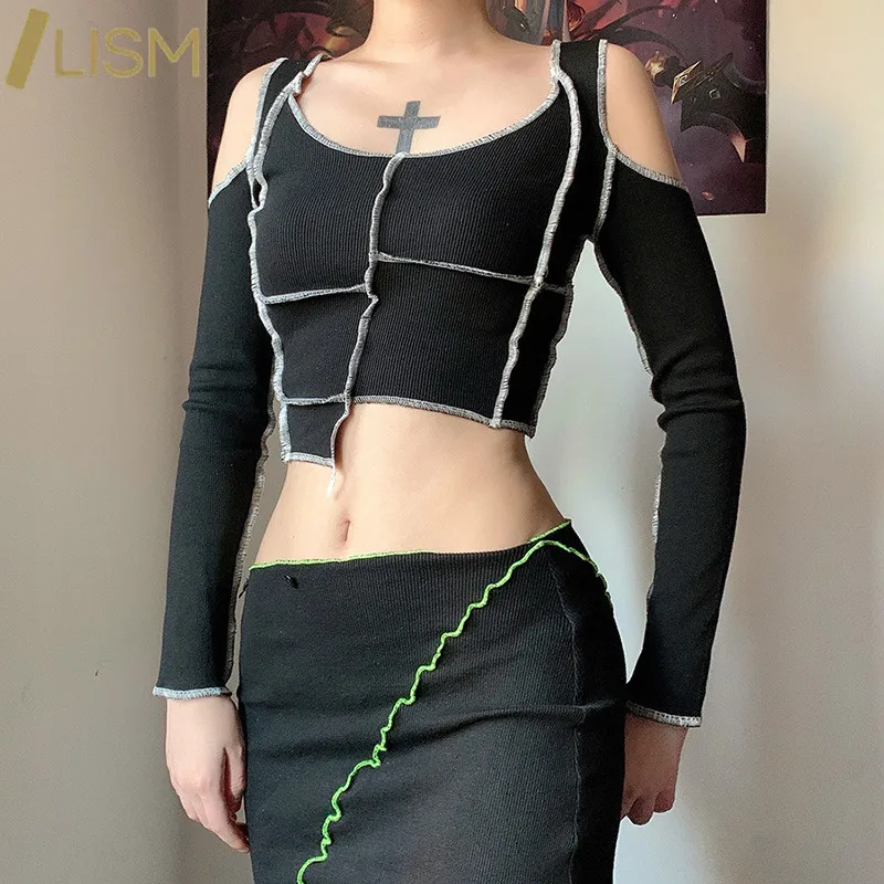 LISM Tuščiaviduriai Iš O-Kaklo Harajuku Marškinėliai ilgomis Rankovėmis Pavasario Vasaros Viršūnes Moterų 2021 Mados Dryžuotas Gothic Punk Drabužiai
