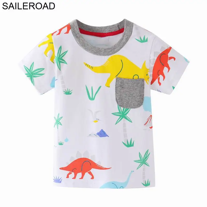 SAILEROAD 7Years Dinozaurų Berniukų marškinėliai Vaikams Pockect Drabužius Medvilnė Mergina Marškinėliai Vasarą Vaikai marškinėlius Kūdikių Drabužiai