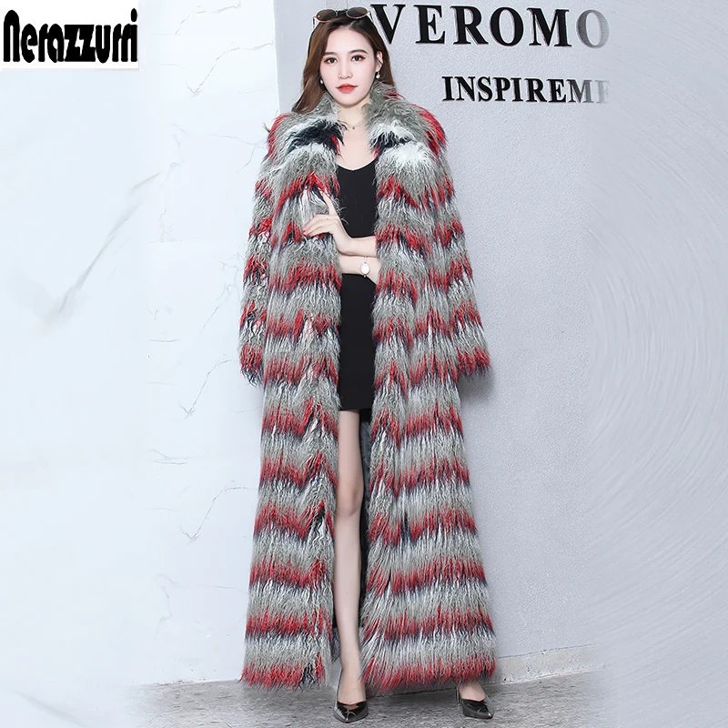 Nerazzurri Purus maxi dirbtiniais kailių paltai moteris Papildomų ilgai, laipsniškai spalva plaukuotas plius dydis netikrą mongolijos avių kailio paltas 5xl 6xl