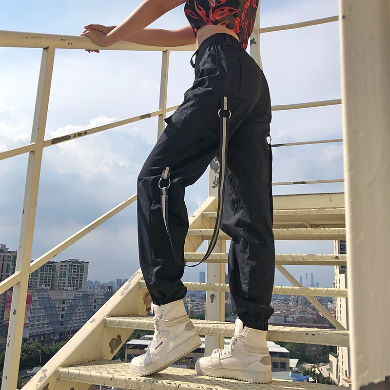 Waataak Juoda Krovinių Kelnės Dirželiai Streetwear Moterų Hip-Hop Kelnių Kišenės Harajuku Aukšto Liemens Kelnės Moterims Atsitiktinis Kelnės Haremo