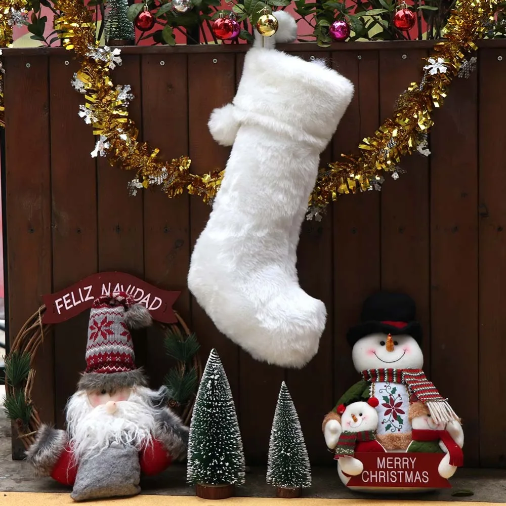 OurWarm Didelės Baltos Kalėdų Kojinę 54x30cm Prabanga Dirbtiniais Kailiais Kalėdų Dovanų Maišelis Baltos Kalėdų Dekoracijos
