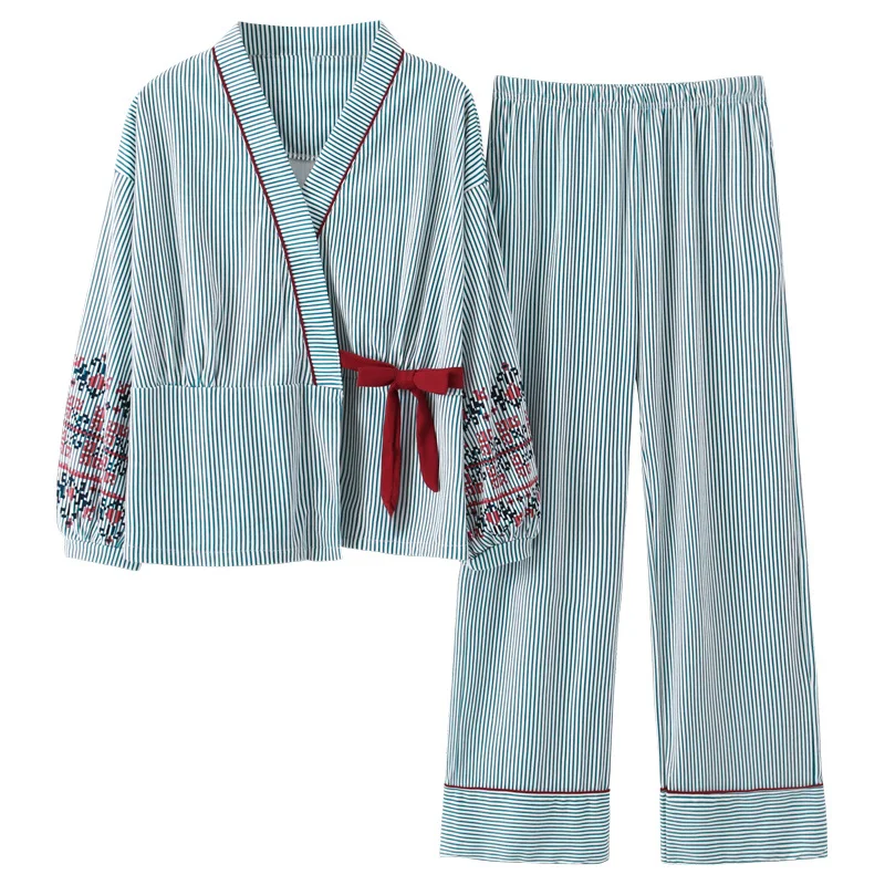 Nauja Rudens Pižamos Moterims Mergina Pajama Komplektai Mielas Dryžuotas Spausdinti Japonų Kimonos Moterų Plius Dydis 3XL Medvilnės Yukata