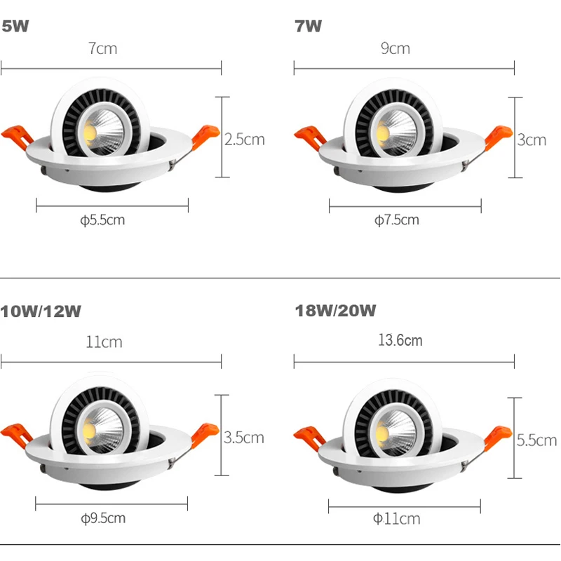 Pasukti Kampu Įleidžiamas LED Downlight 5W 7W 10W 12W 18W 20W LED Lubų Vietoje Šviesa 3000K/4000 K/6000K Juodas/Baltas Korpusas Šviesos
