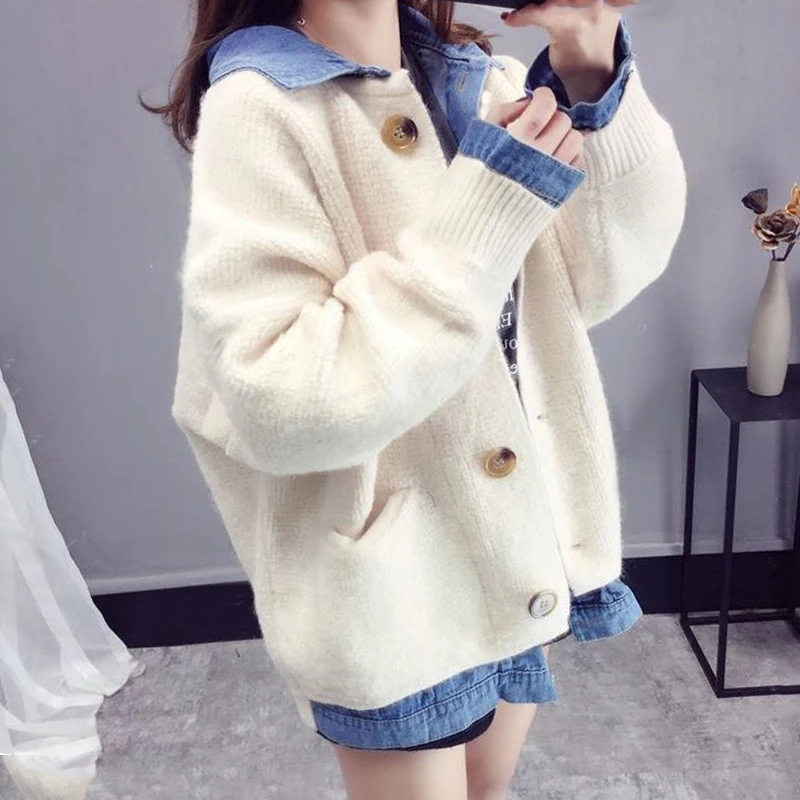 Korėjos Stiliaus 2019 Moterų Žiemos Megztinis Breasted Mygtuką Megzti Prarasti Moterų Outwear Susagstomi Megztiniai Ponios Susagstomi Megztiniai