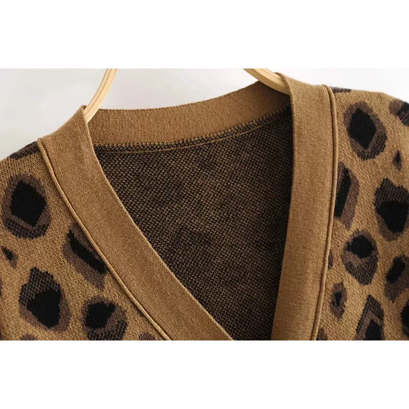 Mados Trumpas Leopard Susagstomi Megztiniai Seksualių Moterų V-Kaklo, Vieną Krūtinėmis Megztinis Ilgomis Rankovėmis Džemperis Atsitiktinis Viršūnes Moteriškas
