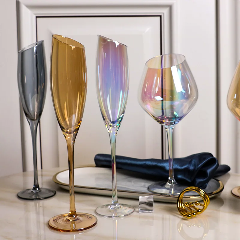 Namų Įstrižai Pjovimo Vyno Taure Serija, Spalvinga Pelenų Gintaro Glase Vyno Taurė Aukštų Šampano Restoranas Kūrybos Stiklo Vyno Taurė