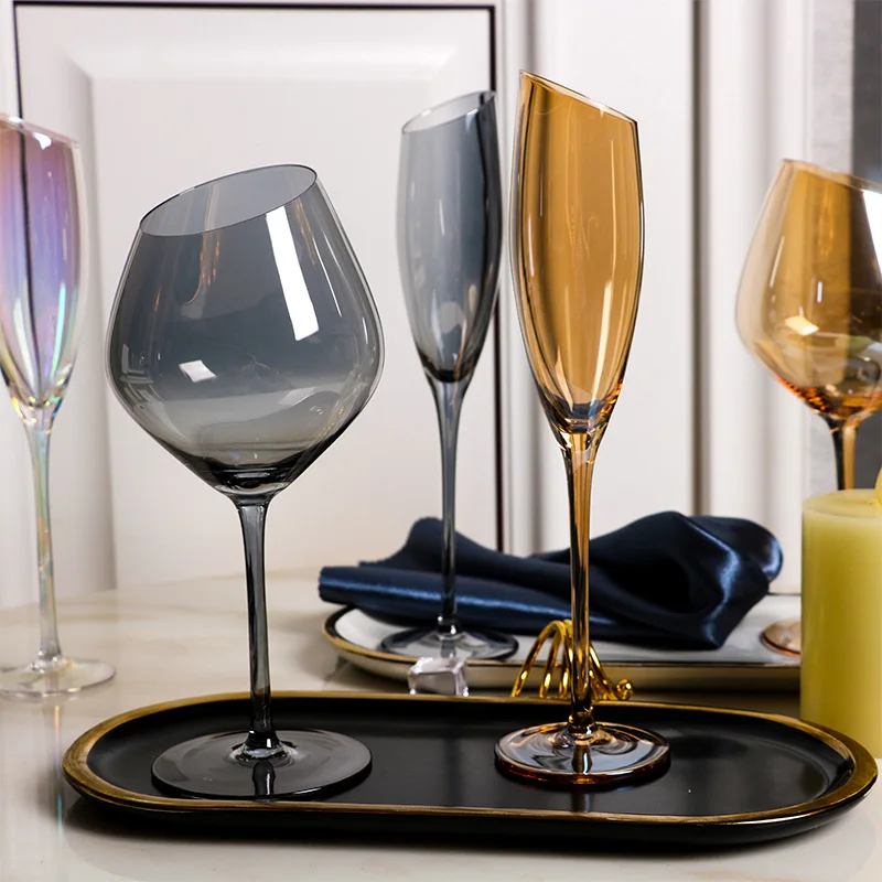 Namų Įstrižai Pjovimo Vyno Taure Serija, Spalvinga Pelenų Gintaro Glase Vyno Taurė Aukštų Šampano Restoranas Kūrybos Stiklo Vyno Taurė