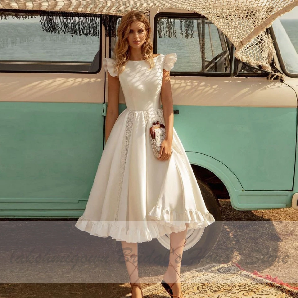 Derliaus Satino Vestuvių Suknelė Arbata Ilgis Vasaros Paplūdimio Stiliaus Skraiste de Mariee 