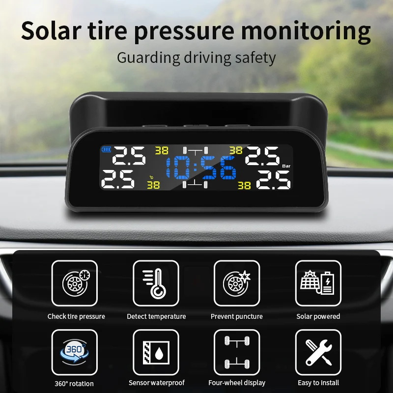 Smart automobilių TPMS padangų slėgio stebėjimo sistema, saulės skaitmeninis laikrodis, LCD ekranas, automobilių padangų slėgio temperatūros saugos signalizacijos sistema