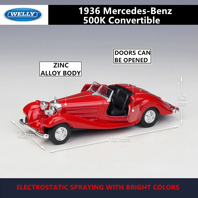WELLY 1:36 Mercedes-Benz 1936 500K klasikinis lydinys automobilio modelio mašinos Modeliavimo Kolekcijos žaislas pull-back transporto priemonės Dovanų kolekcija