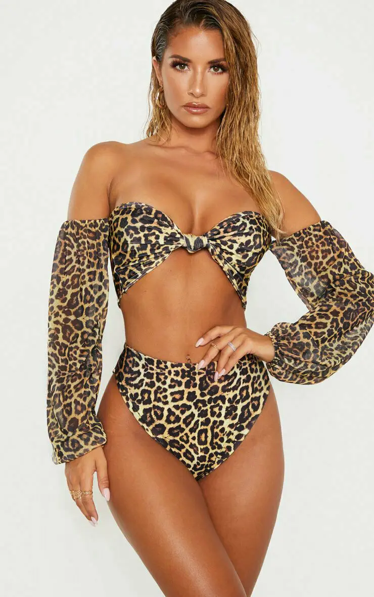 Sexy Moteris Leopardas Spausdinti Off peties ilgomis Rankovėmis Bikini Komplektas, Push-up Paminkštinta Liemenėlė Aukšto Juosmens Diržas Paplūdimio maudymosi kostiumėlį dėvėti Atostogų