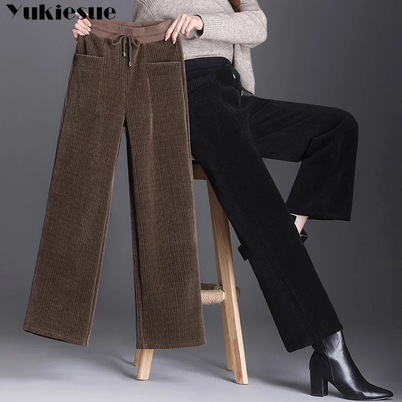Storas šiltas vilnos Velvetas Kelnės Moterims, Platus Kojos Aukšto Liemens Kelnės Žiemos Atsitiktinis Ilgas Kelnes Harajuku Streetwear Kelnės 2020 m.