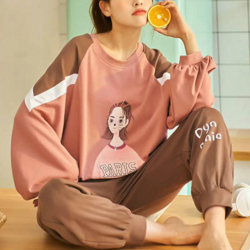 Moterų Pajama Komplektai Minkštos Medvilnės Ilgomis Rankovėmis Homewear Moterų Paprastu Būdu Miega Dėvėti Kostiumą, Laisvalaikio Mielas Korėjos Stiliaus Sleepwear