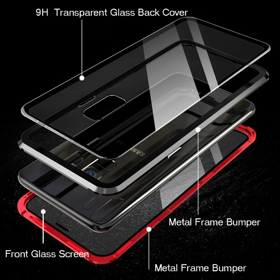 Magnetinio Adsorbcijos Telefono dėklas Samsung GalaxyS9 Grūdinto Stiklo Metalo Atveju, Priekinio ir Galinio Stiklo danga Galaxy S9 plus atveju