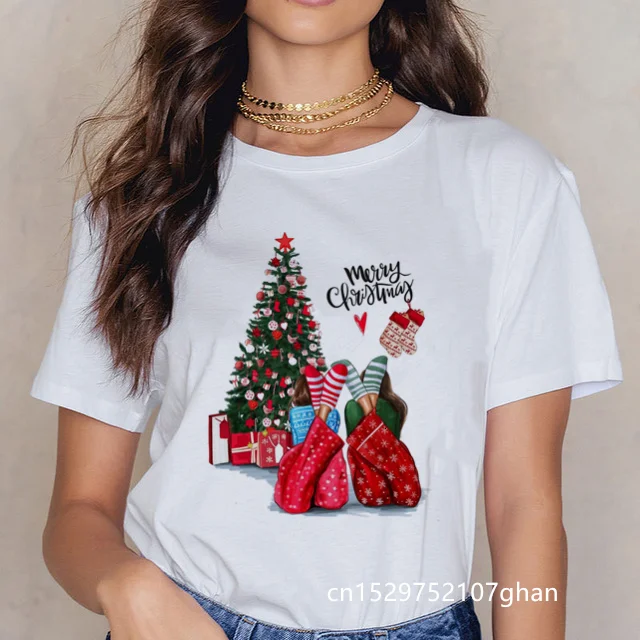 Tinka visiems sezonams, Nauja mielas šiaurės elnių marškinėliai moterims mados Kalėdų Harajuku Trumpas Rankovės marškinėliai Baltos spalvos Marškinėlius Viršūnes drabužiai