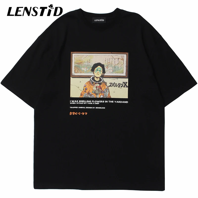 LENSTID Vasarą Vyrams trumpomis Rankovėmis Tshirts Hip-Hop Japonų Kanji Anime, Print T-Shirt Streetwear Harajuku Atsitiktinis vatos Pagaliukai Tees