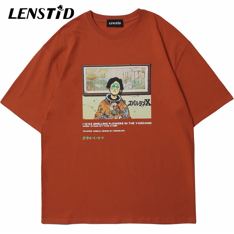 LENSTID Vasarą Vyrams trumpomis Rankovėmis Tshirts Hip-Hop Japonų Kanji Anime, Print T-Shirt Streetwear Harajuku Atsitiktinis vatos Pagaliukai Tees