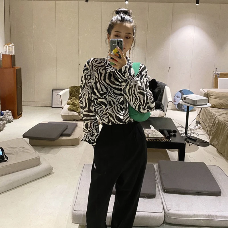 [EAM] Moterys Derliaus Zebra Modelis didelio Dydžio Palaidinė Naujas Atvartas ilgomis Rankovėmis Loose Fit Marškinėliai Mados Banga Pavasario Rudens 2021 1DC201