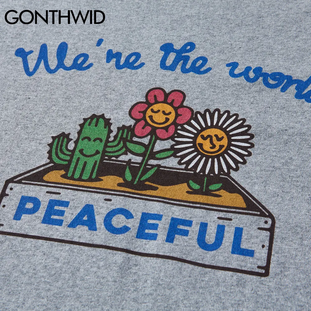 GONTHWID Hip-Hop Streetwear Tshirts Harajuku Kaktusas Daisy Gėlių Spausdinti Tees Marškinėliai 