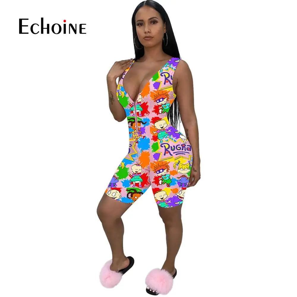 Echoine vasarą naujų seksualių animacinių filmų spausdinti priekiniai zip liesas trumpas jumpsuit dizainas populiarus moterų v-kaklo, rankovių playsuit bodysuit