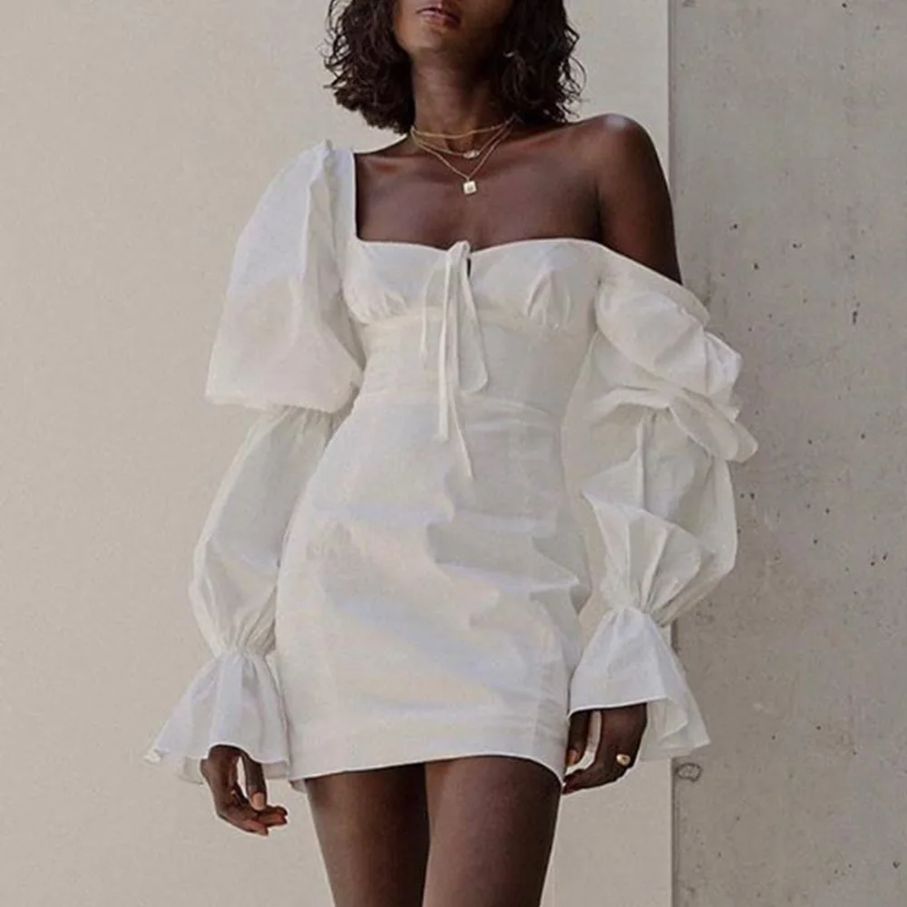 Kriptografijos Baltas Kaklaraištis Priekyje Mini Suknelės Bodycon Šalies Klubas Sluoksniuotos Rankovėmis Elegantiška Suknelė Moterims Rudenį 2020 Gimtadienio Sundresses