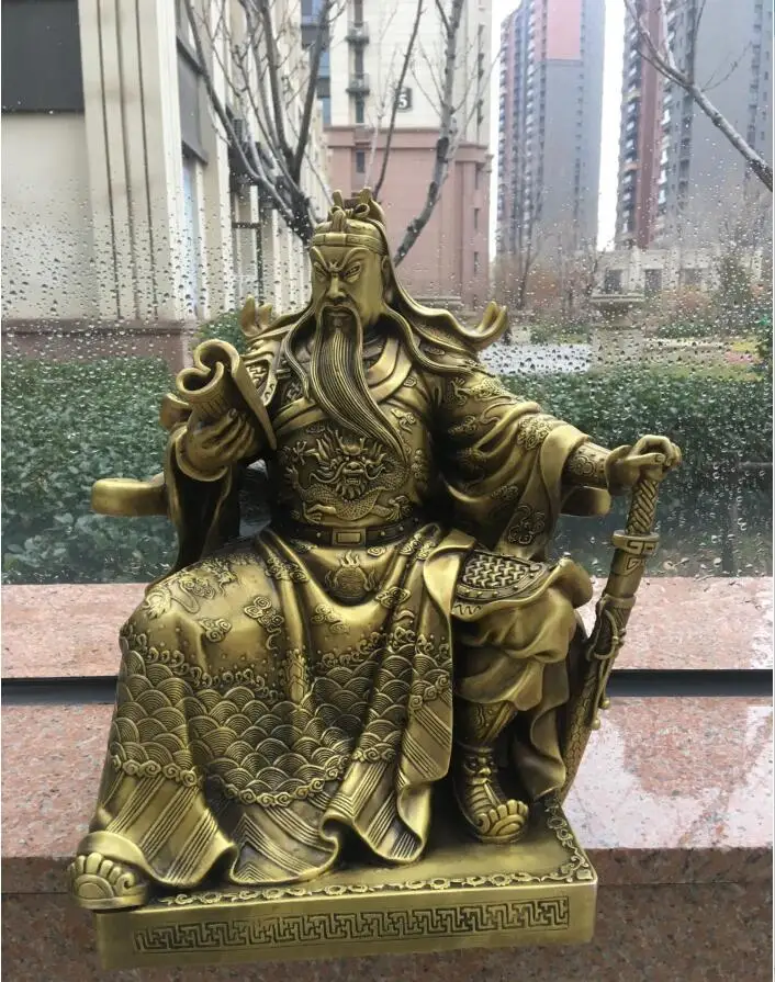40cm Kinijos Žalvario Gong Guan Yu Karys, Dievas Sėdynės Tigras Kėdė Skaityti Statula Kardas