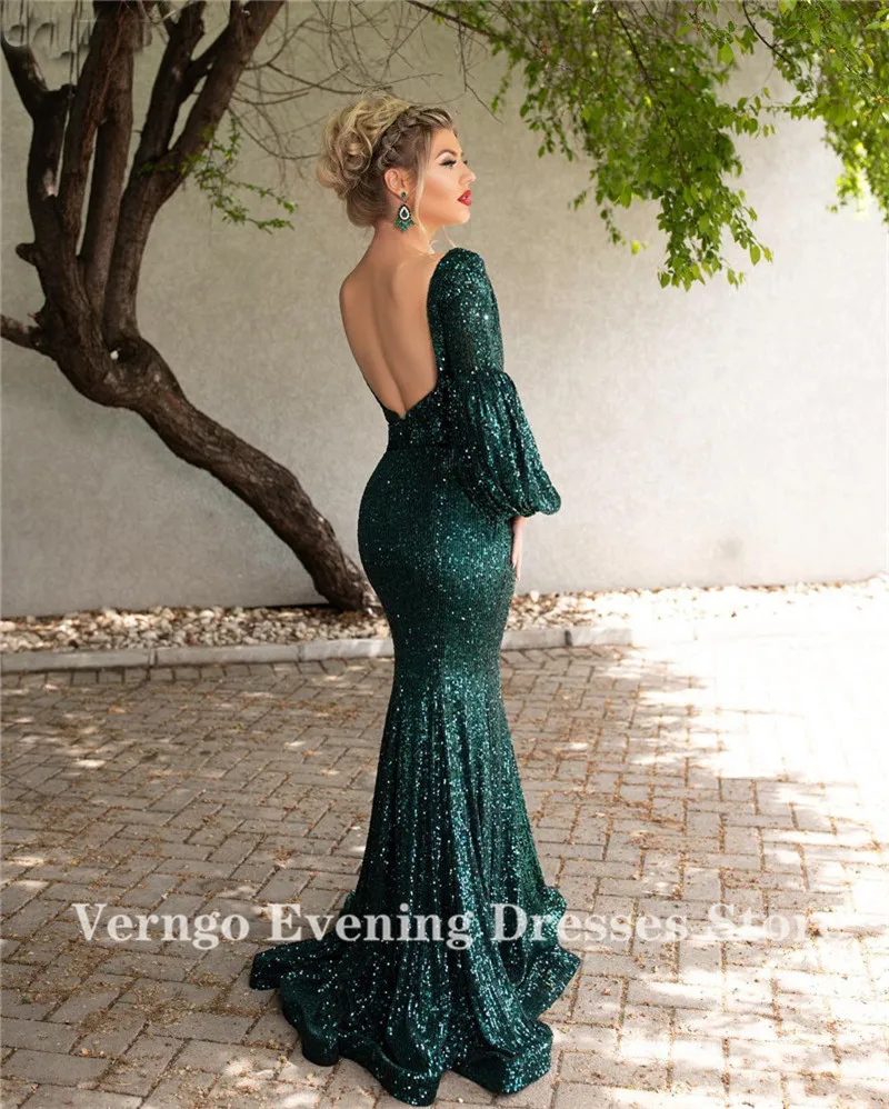 Verngo Tamsiai Žalia Undinė Vakaro Suknelės 2021Long Rankovėmis Blizgučiai V Kaklo Kuklus Dubajus arabų Prom Chalatai Oficialų vestidos Elegantiškas