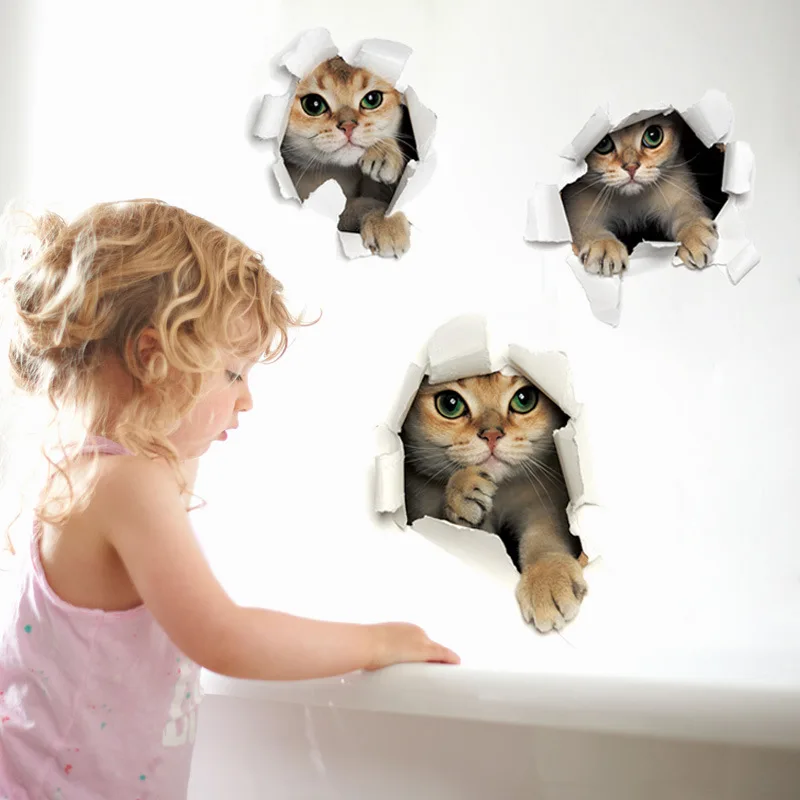 Mielas Katės 3D Skaldyti Sienos Mielas Kačiukas, Sienų Lipdukai Namų Puošybai Tualetas Lipdukai 