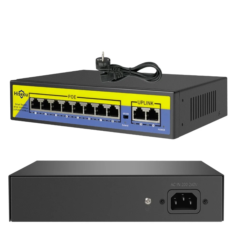 48V POE Switch 8 Uostų 2 Uplink 10/100 mbps IEEE 802.3 af/ne IP Kameros/CCTV Saugumo kamerų Sistema/Bevielės AP