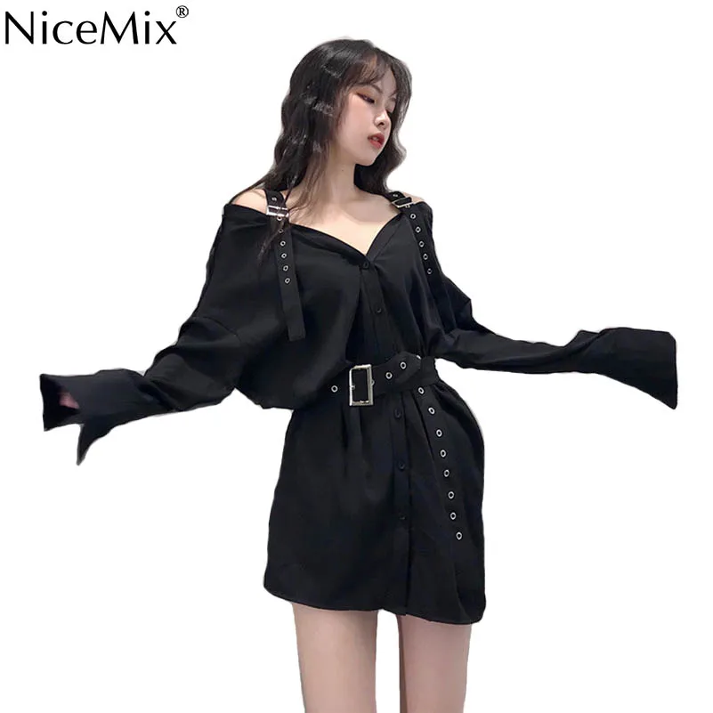 NiceMix 2020 Nauja, Moterų Ilgas Stiliaus Palaidinė Marškinėliai Mados Juoda Sagtis Off Peties Velniop Kaklo Pamatyti Per Viršų Moterims Seksualus Marškinėliai
