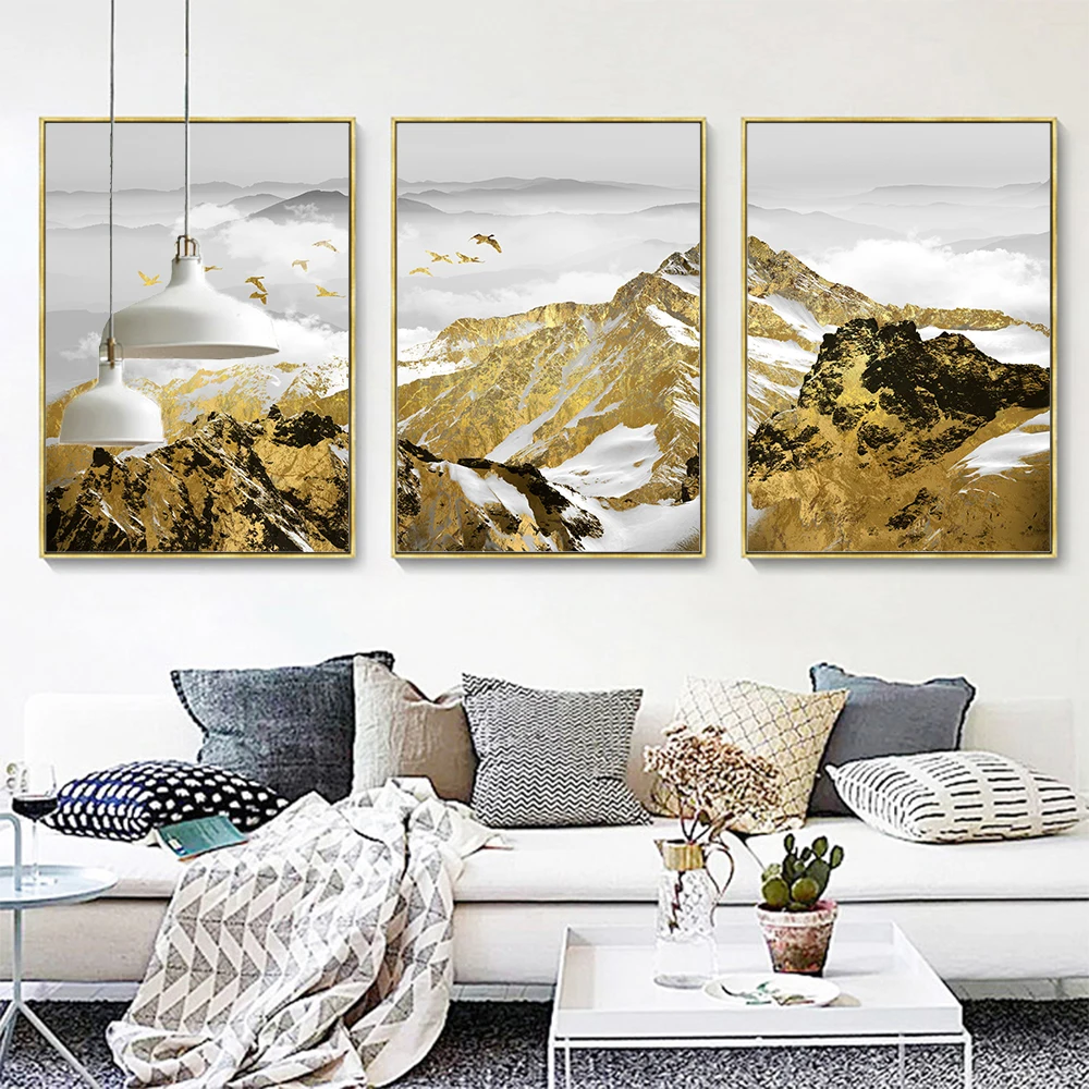 Šiuolaikinės nuotraukas Aukso folija Sniego Kalnų spausdinimo ant Drobės tapybos Sienos Menas 3 Skydai Kambarį 
