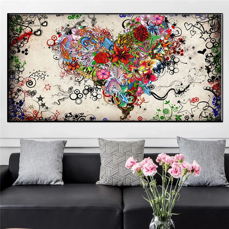 WANGART-Anotacija spalvinga širdies gėlės ant drobė aliejus, plakatai, tapyba ir grafika Skandinavijos kambarį nuotraukas